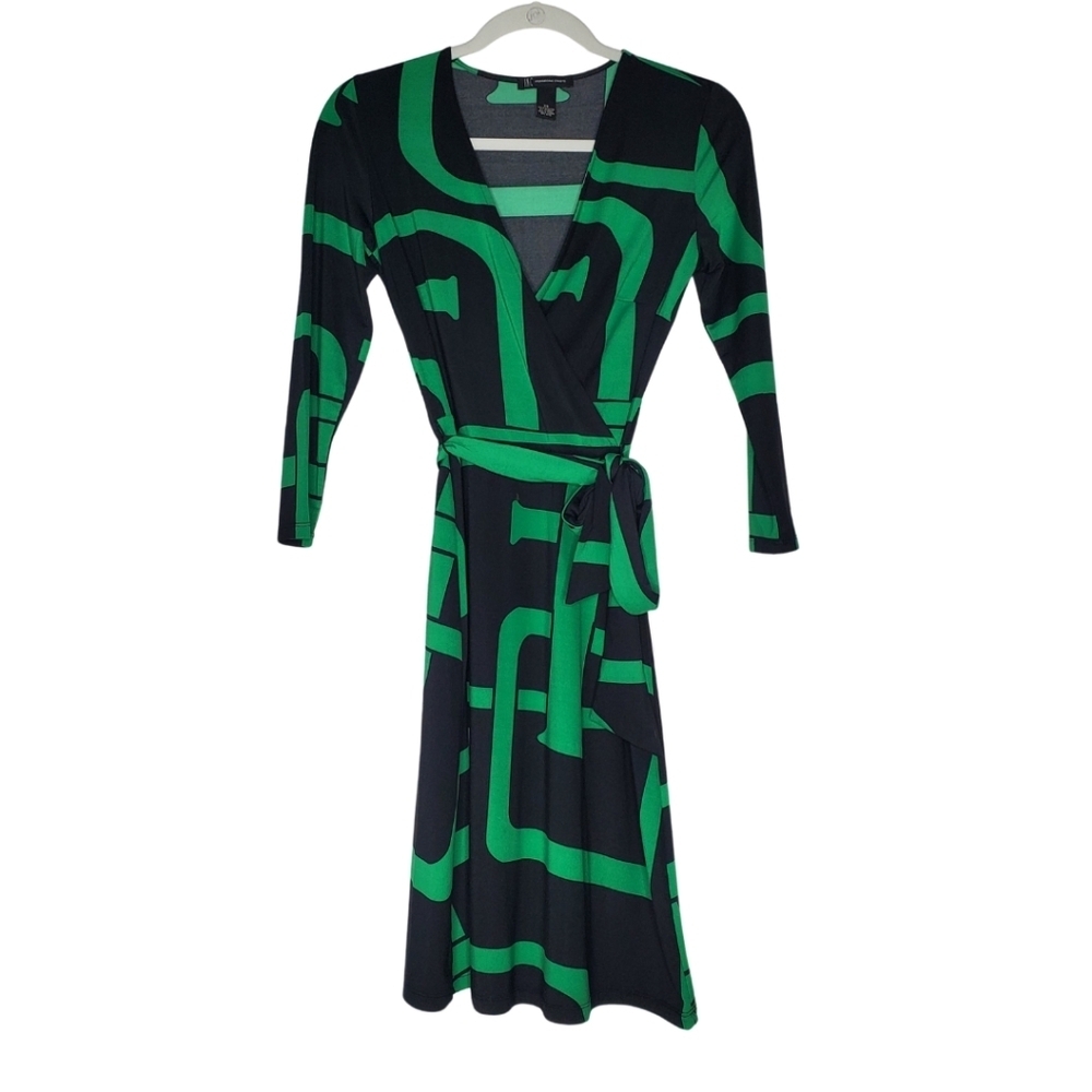 INC Black and Green Midi Wrap Dress with Belt